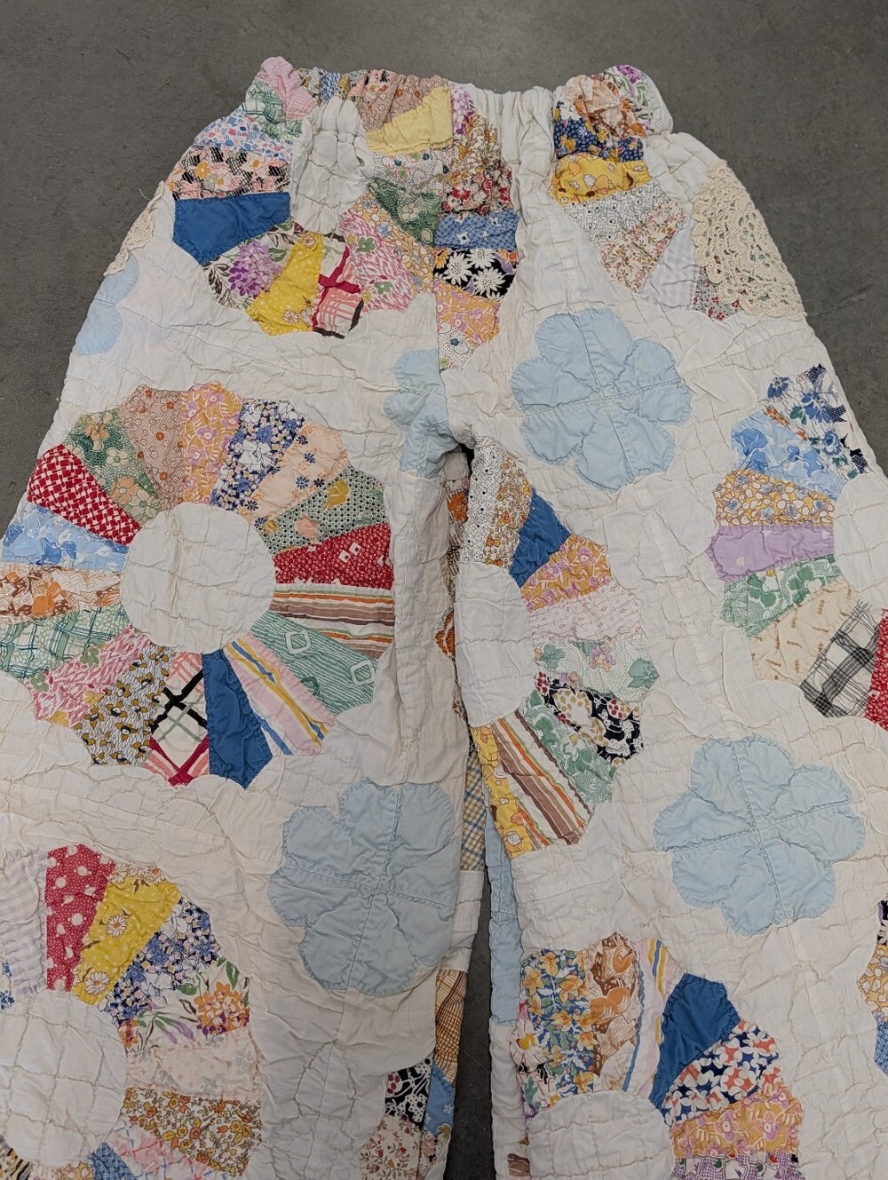 WIDE LEG QUILT PANTS vintage patchwork feedsack M - Picture 7 of 16